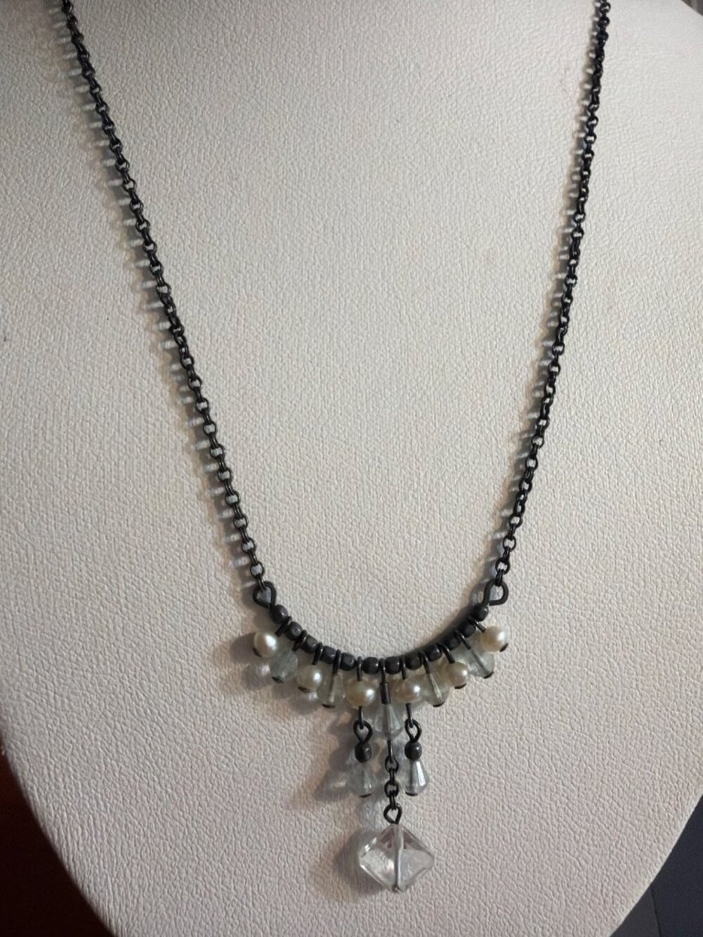 Silver Tone Gunmetal Chain Necklace Glass Pearls Dangles Bib Dainty Adj 18"